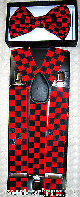 BLACK RED CHECKER BOW TIE+BLACK RED CHECKERS ADJUSTABLE WIDE SUSPENDERS COMBO