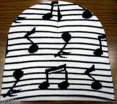 Black and White Musical Notes Beanie Ski Cap + Musical Notes Match Gloves -New!
