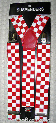 BLACK AND RED CHECKER DIAMONDS  ADJUSTABLE 1 1/4" 1 1/2" WIDE SUSPENDERS-NEW!
