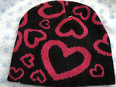 Hot Pink Hearts on Black Winter Knitted Skull Beanie Ski Cap -New with Tags!