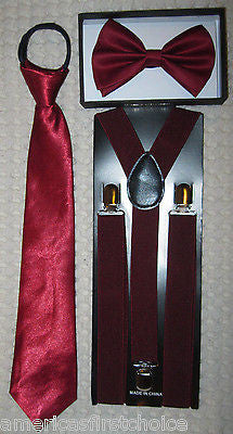 Kids Teens Burgundy Adjustable Bow Tie & Burgundy Y-Back Suspenders-New!