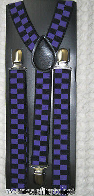 PURPLE BLACK TIPS TUXEDO ADJUSTABLE BOW TIE+PURPLE CHECKERS SUSPENDERS COMBO