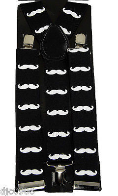 Thick 1 1/2" White with Black Mustaches Y-Style Back suspenders-New in Package