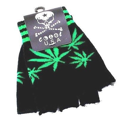 GREEN MARIJUANA MJ WEED LEAVES BLACK KNIT FINGERLESS GLOVES WINTER WOMENS MEN