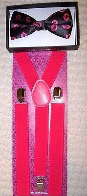 Pink Punker Lips on Black Adjustable Bow tie & Hot Pink Suspenders Combo Set-New