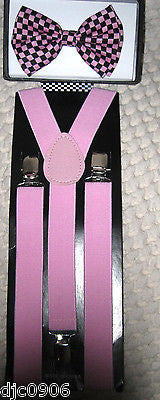 Pink and Black Checkered Checks Diamonds Bow Tie & Pink Suspenders Combo Set-New