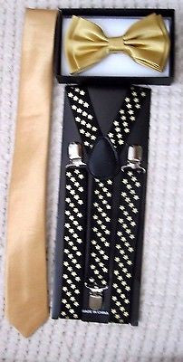 Gold Bow Tie,Gold 3" NeckTie, & Gold Stars 1" Adjustable Y-Back Suspenders Set-2