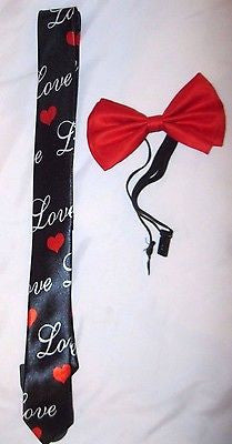 SOLID RED ADJUSTABLE BOWTIE + RED WITH LOVE AND HEARTS  NECKTIE NECK TIE-NEW!