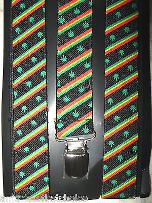 Rasta(green/yellow/red) stripes MJ Weed Leaves Adjustable Suspenders Combo-New!
