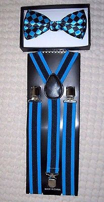 Solid French Blue Adjustable Bow Tie&French Blue&Black Stripes Suspenders Set