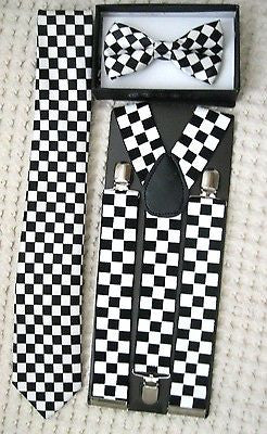 Black&Red Checkers Adjustable Bow tie&1 1/2" Black&Red Checkered Suspenders-3