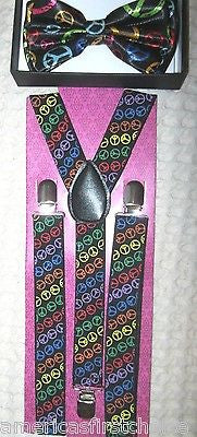 Unisex Multi Color Peace Signs Adjustable Bow Tie & Suspenders Combo-New!