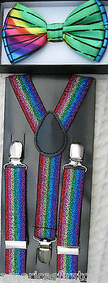 Teens Kids Rainbow Adjustable Bow Tie & Rainbow Glitter Suspenders Combo-New!v2