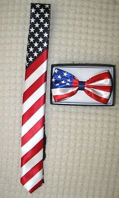 US Flag American Flag 3" Neck Tie & US Patriotic Flag Stripes Adjustable Bow Tie