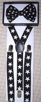 Unisex Black White Stars Adjustable Bow tie & 1" Stars Adjustable Suspenders-Ve3