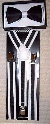 Black with White Tips Adjustable Bow Tie & White Adjustable Suspenders Set-V1