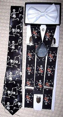 Unisex White Bow tie,Dancing Skulls Neck Tie,& Wide Skulls Suspenders Combo-New