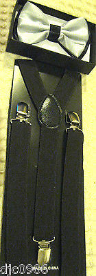 Silver BlackTips Adjustable Bowtie & Solid Black Adjustable Suspenders Combo-New