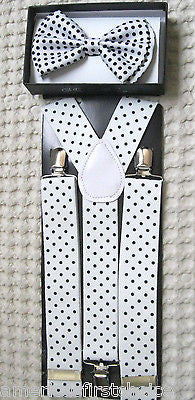 WHITE W/ BLACK POLKA DOT TUXEDO BOW TIE+WHITE W/ BLACK POLKA DOT SUSPENDERS SET