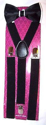 Black with white tips/trim Bow Tie+White Adjustable Y-Back Suspenders Combo-New!