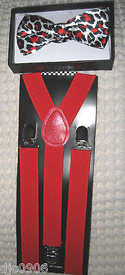 Red Black White Leopard Adjustable Bowtie & Red Adjustable Suspenders Combo-New!