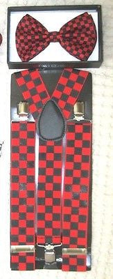 Black&Red Checkers Adjustable Bow tie &1 1/2" Black&Red Checkered Suspenders-2