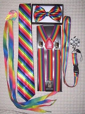 Unisex Rainbow Stripes Adjustable Bow tie,Neck Tie,Suspenders,Lanyard,Shoelaces9