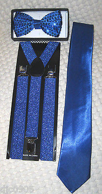 Solid Royal Blue Neck tie & Solid Blue Glittered Adjustable Suspenders Combo!New