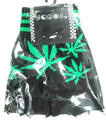 GREEN MARIJUANA MJ WEED LEAVES BLACK KNIT FINGERLESS GLOVES WINTER WOMENS MEN