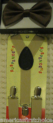 Kid's Boys Girls Brown Y-Back Adjustable Bow Tie & Tan/Beige Y-Back suspenders