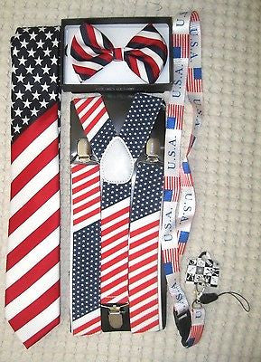 US Flag American Flag Suspenders,Lanyard,Tie &Red,White,Blue Stripes Bow Tie-v10