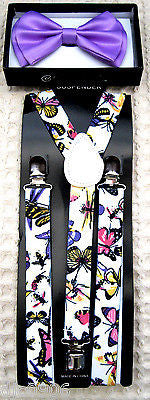 PURPLE TUXEDO ADJUSTABLE BOW TIE+COLORFUL BUTTERFLIES BEES  SUSPENDERS COMBO