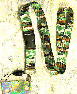 Green Black Camo Camoflauge 15" Lanyard/Landyard ID Holder Keychain-New!!!