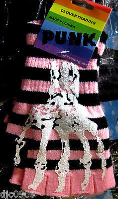 PINK BLACK STRIPES WHITE SKELETON HAND CUTOFF KNIT FINGERLESS WINTER GLOVES-NEW!