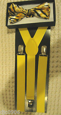 GOLD,BLACK AND WHITE ZEBRA TIGER PRINT ADJUSTABLE BOW TIE&YELLOW SUSPENDERS-NEW!