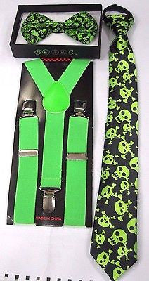 Teens GREEN Adjustable Bow Tie,GREEN Neck Tie&GREEN Y-Back adjustable Suspenders