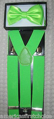 NEON GREEN BLACK TIPS TUXEDO BOW TIE + 1" BLACK ADJUSTABLE SUSPENDERS SET-NEW2