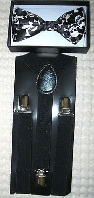 Kids Teens Skulls & Crossbones Bow Tie & Black Adjustable Suspenders Combo-New