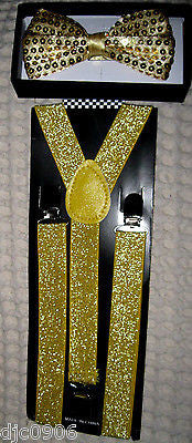 Gold YELLOW Adjustable Bow Tie&Yellow Glittered Adjustable Suspenders Set-New!