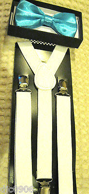 Solid Shiny Blue Adjustable Bowtie & Solid White Adjustable Suspenders Combo-New