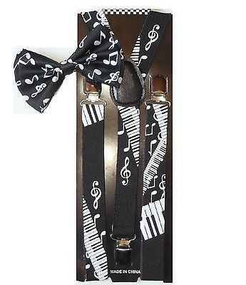 Black White MUSICAL NOTES PIANO KEYS Suspenders + musical notes Bowtie Bow Tie