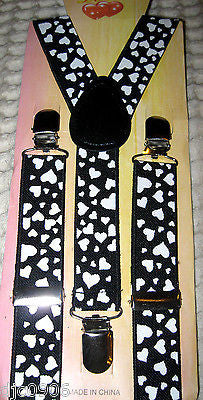 Black with White Hearts Kids Boys Girls Y-Style Back Adjustable suspenders-New!