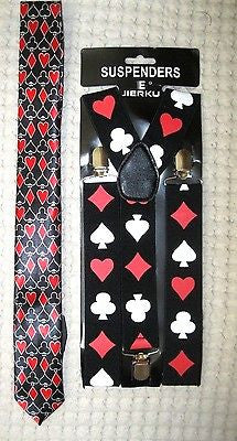 Poker Player Cards 4 Suite Adjustable Necktie and Poker 1 1/2" Suspenders-New!v6