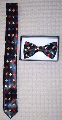 Multi Color Stars Adjustable Bow Tie & Multi Color Stars Neck tie Combo Set-New