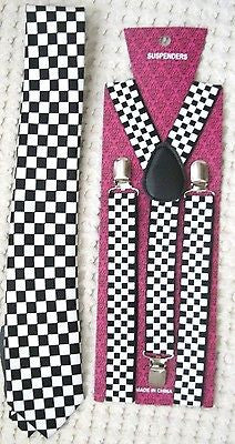 Black&White Checkers Necktie and 1" Black&White Checkered Y-Back Suspenders-V1