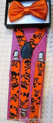 Unisex Orange Adjustable Bow Tie & Orange Black w/ Skulls Suspenders Combo-New!