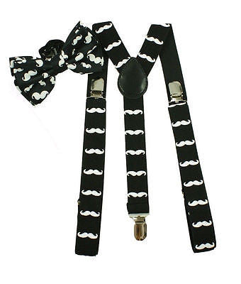 White with Black Mustaches Adjustable Suspenders+White w/ Black Mustache Bow Tie