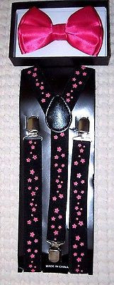 Unisex HOT Pink Adjustable Bow tie & 1" Pink Stars Adjustable Suspenders-New