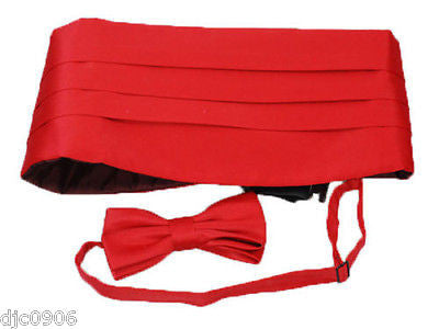 Men's Women's Solid RUBY DARK RED Wedding Cummerbund & Bow Tie Set-Brand New!