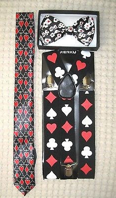 Poker Player Cards 4 Suite Bow Tie,Poker 1 1/2" Suspenders,Poker Neck Tie-New!v2
